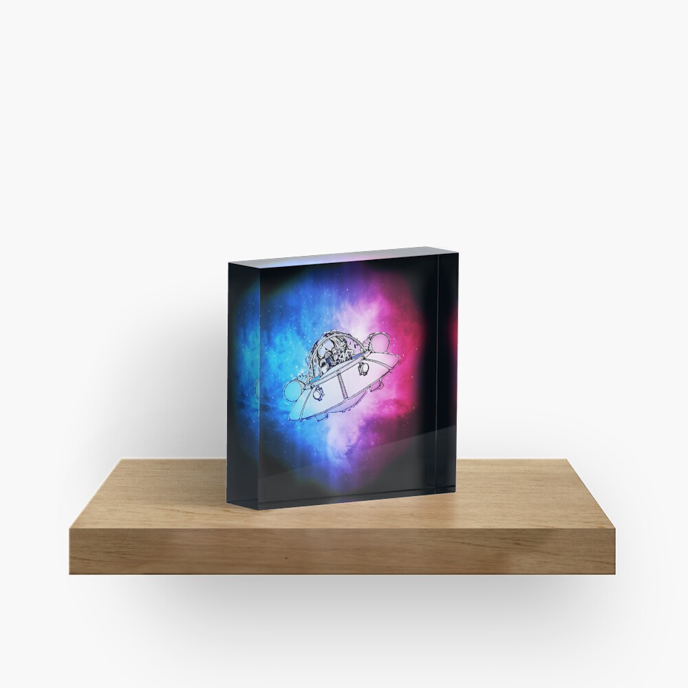 Rick, Morty, and Summer escabing in the space cruiser in space, nebula illustration Acrylic Block