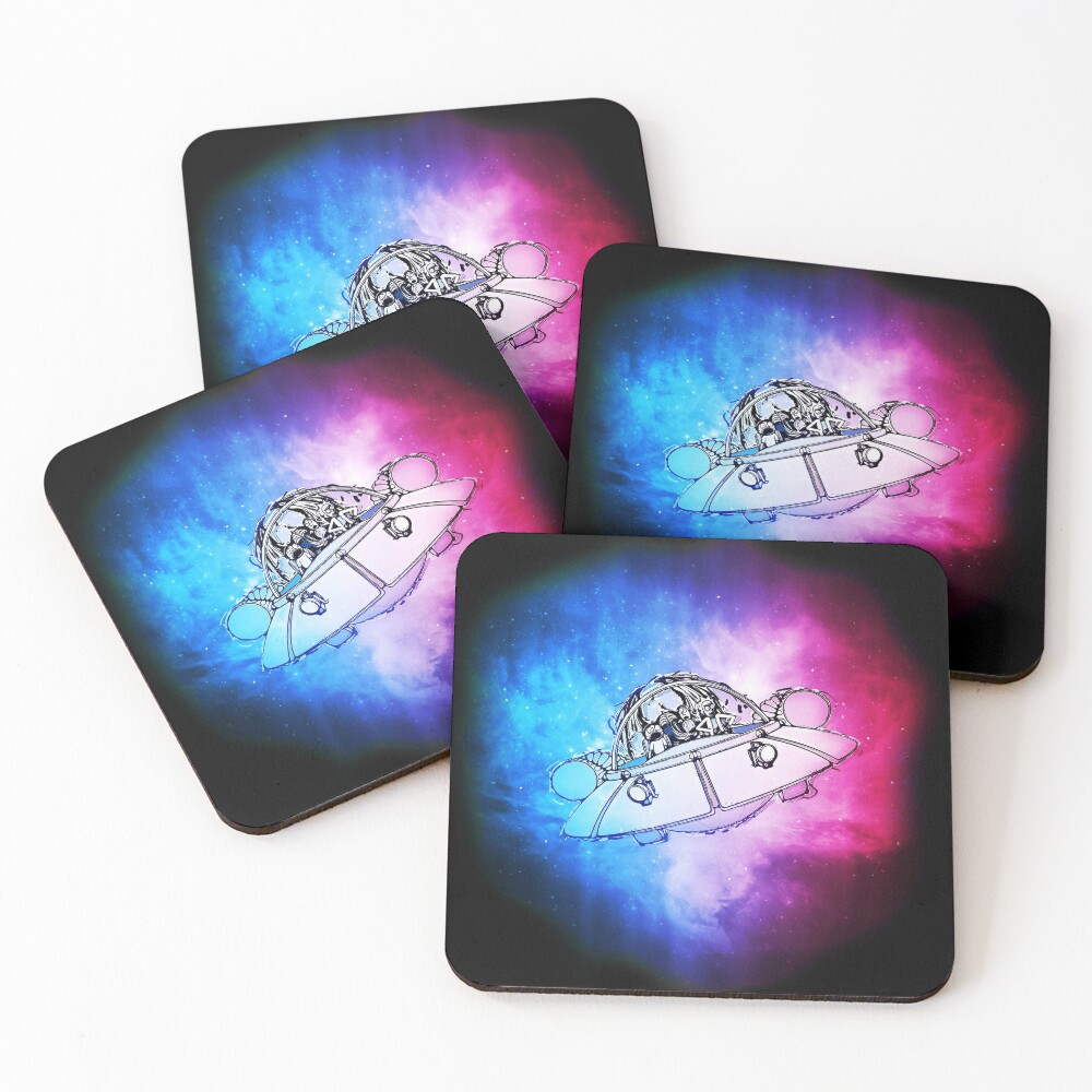 Rick, Morty, and Summer escabing in the space cruiser in space, nebula illustration Coasters (Set of 4)