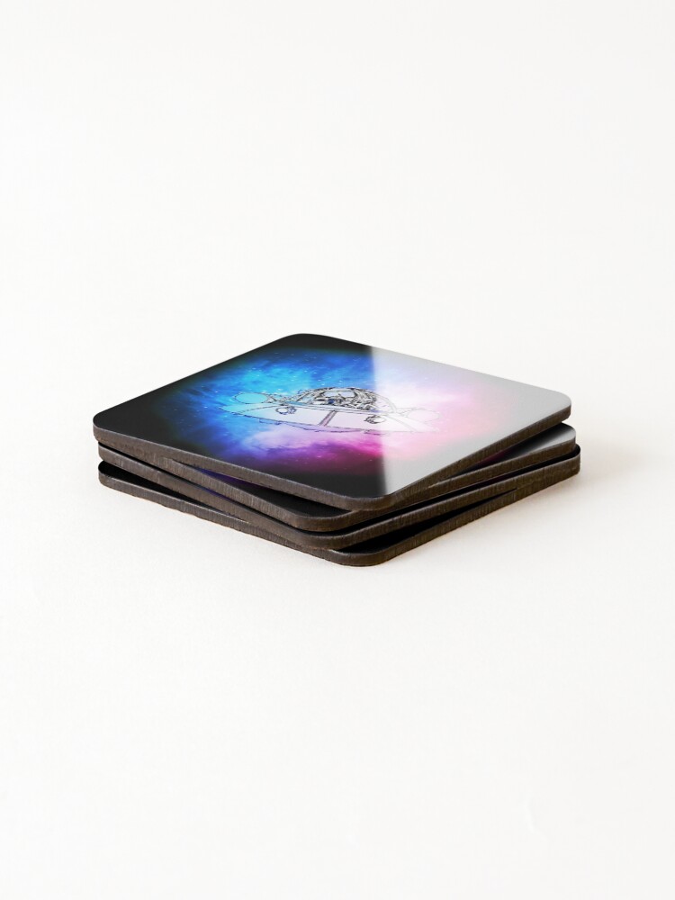 Alternate view of Rick, Morty, and Summer escabing in the space cruiser in space, nebula illustration Coasters (Set of 4)
