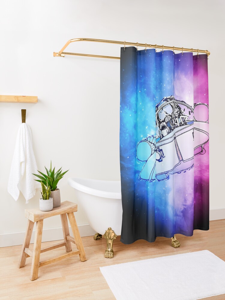 Alternate view of Rick, Morty, and Summer escabing in the space cruiser in space, nebula illustration Shower Curtain