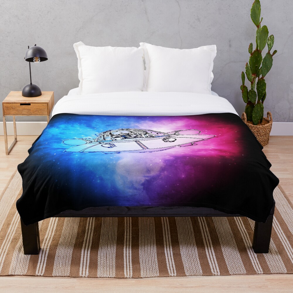 Rick, Morty, and Summer escabing in the space cruiser in space, nebula illustration Throw Blanket