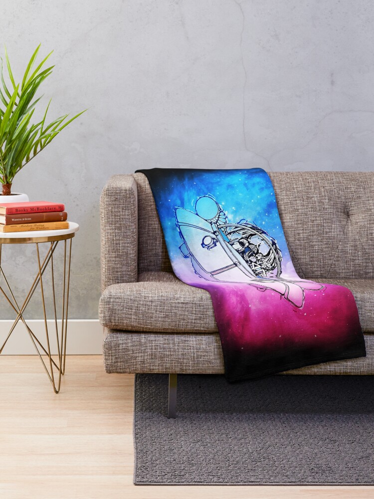 Alternate view of Rick, Morty, and Summer escabing in the space cruiser in space, nebula illustration Throw Blanket