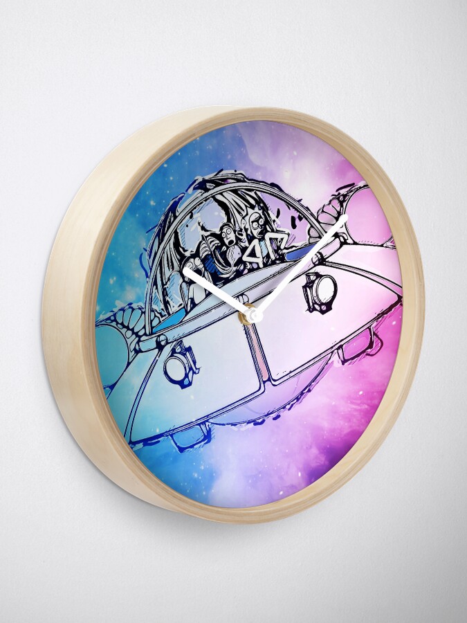 Alternate view of Rick, Morty, and Summer escabing in the space cruiser in space, nebula illustration Clock