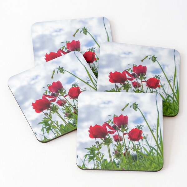 Artikelvorschau, Red natural anemones coronaria flowers in bloom in green grass against blue sky with clouds entworfen und verkauft von EG Creativity Art.