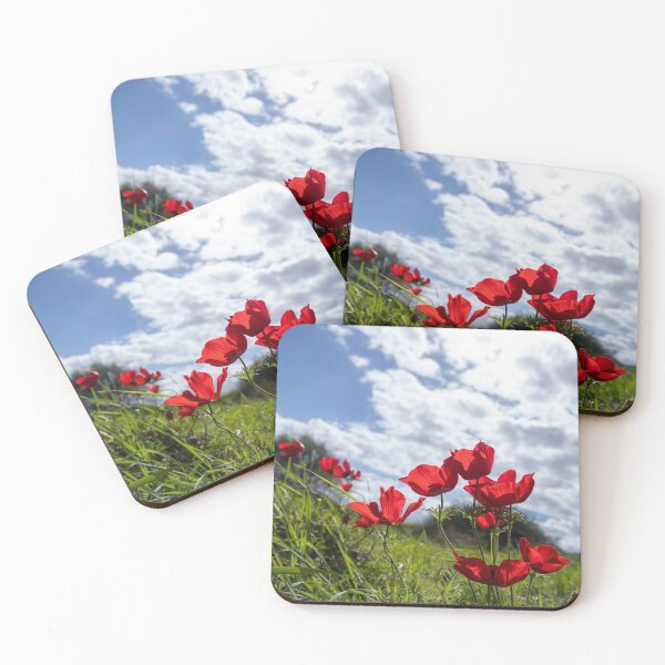 Artikelvorschau, Red anemones coronaria flowers in bloom in green grass against blue sky with clouds entworfen und verkauft von EG Creativity Art.