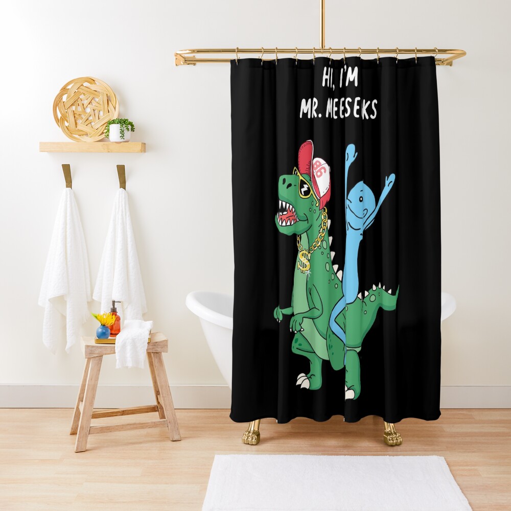 Rick and Morty Mr Meeseeks Riding Dinosaur Shower Curtain