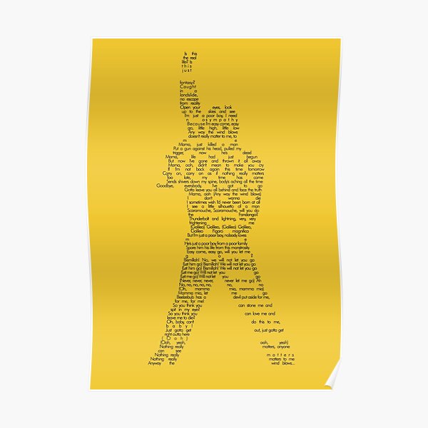 Bohemian Rhapsody lyrics on Freddie Mercury shape Poster