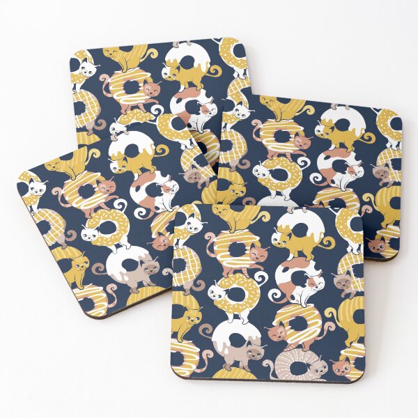 Item preview, Cats Donut Care // navy blue background goldenrod yellow mustard and brown sweet kitties designed and sold by SelmaCardoso.