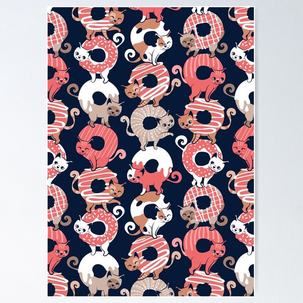 Item preview, Cats Donut Care // navy blue background coral and brown sweet kitties designed and sold by SelmaCardoso.