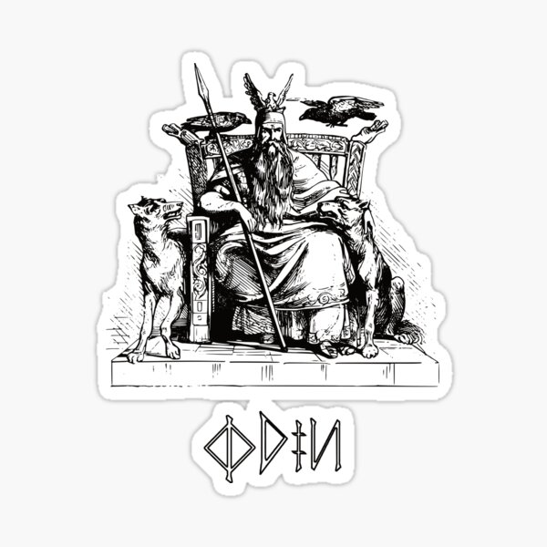 Odin on his throne engraving with Geri and Freki Sticker