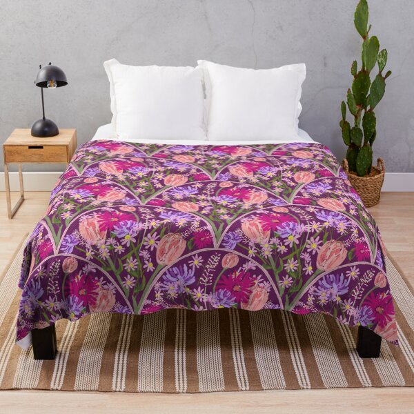 Wildflowers in Scallops in Aubergine by Tea with Xanthe Throw Blanket
