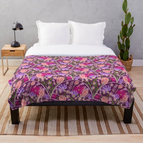 Wildflowers in Scallops in Aubergine by Tea with Xanthe Throw Blanket