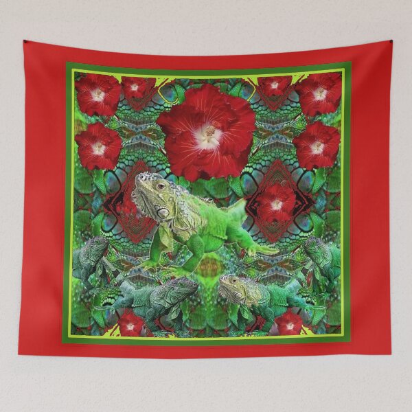 Item preview,   RED HIBISCUS FLOWERS & GREEN IGUANAS RED PATTERNED ART designed and sold by sharlesart.