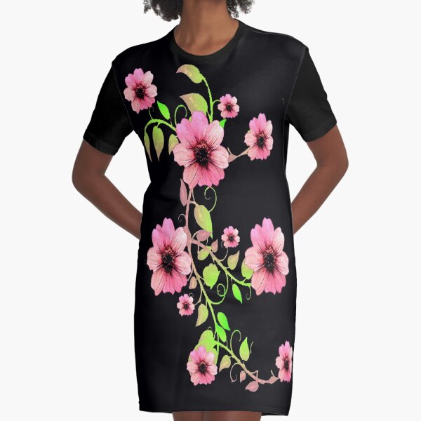 WATERCOLOR FLORAL GARLAND WITH LIGHT PINK FLOWERS Graphic T-Shirt Dress