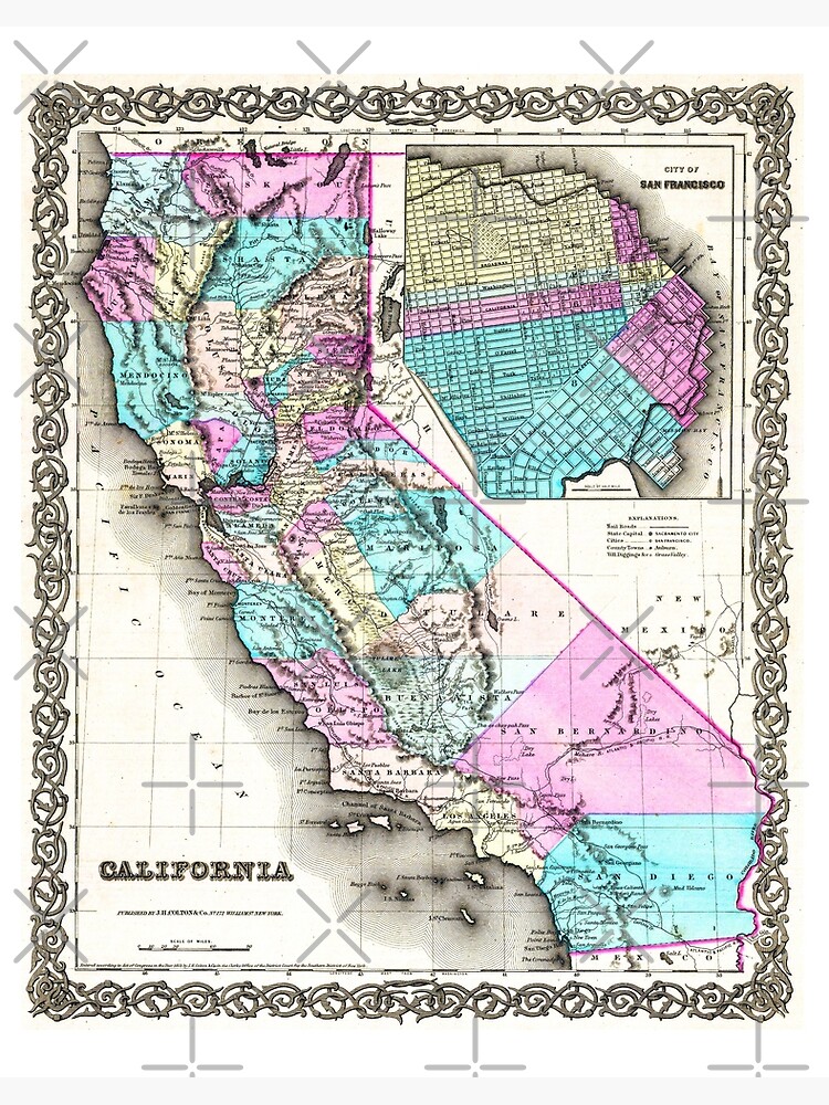 Historic 1855 California San Francisco Bay Area Monterrey Peninsula Gold Rush Map Art Board Print By Possibilitees Redbubble