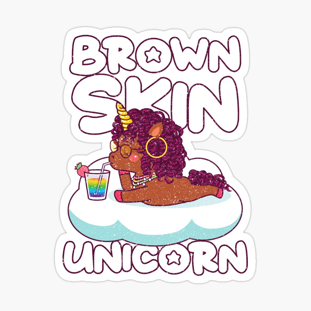 Brown Skin Unicorn Girl Glitter Art Sticker
