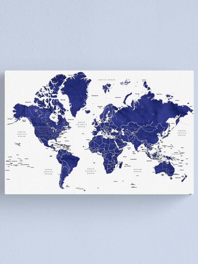 Blue World Map Canvas Navy Blue World Map With Countries" Canvas Print By Blursbyai | Redbubble