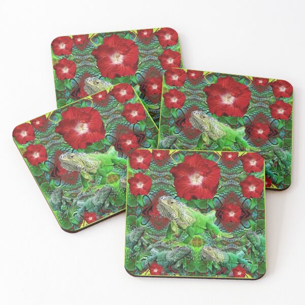 Item preview, TROPICAL RED HIBISCUS FLOWERS & GREEN IGUANAS designed and sold by sharlesart.