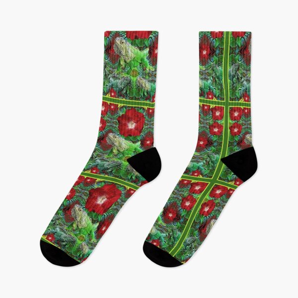 Item preview, TROPICAL RED HIBISCUS FLOWERS & GREEN IGUANAS designed and sold by sharlesart.