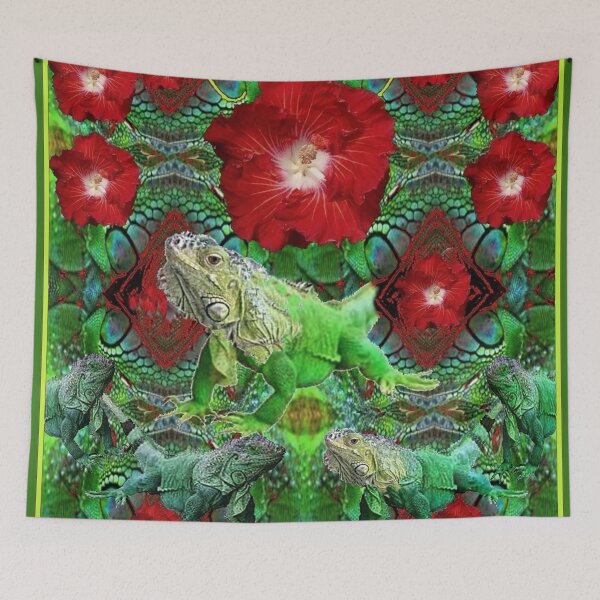 Item preview, TROPICAL RED HIBISCUS FLOWERS & GREEN IGUANAS designed and sold by sharlesart.
