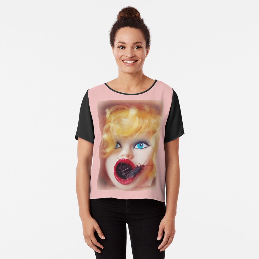 Feminist Kitsch Horror Creepy Blow Up Doll Head Print Chiffon Top