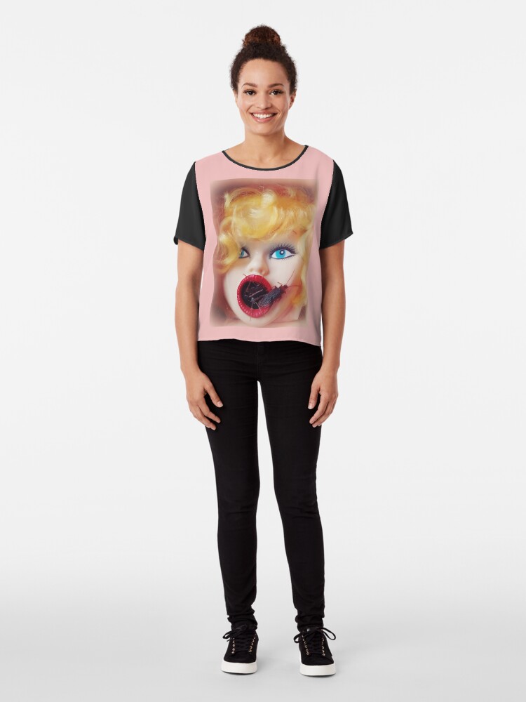 Alternate view of Feminist Kitsch Horror Creepy Blow Up Doll Head Print Chiffon Top