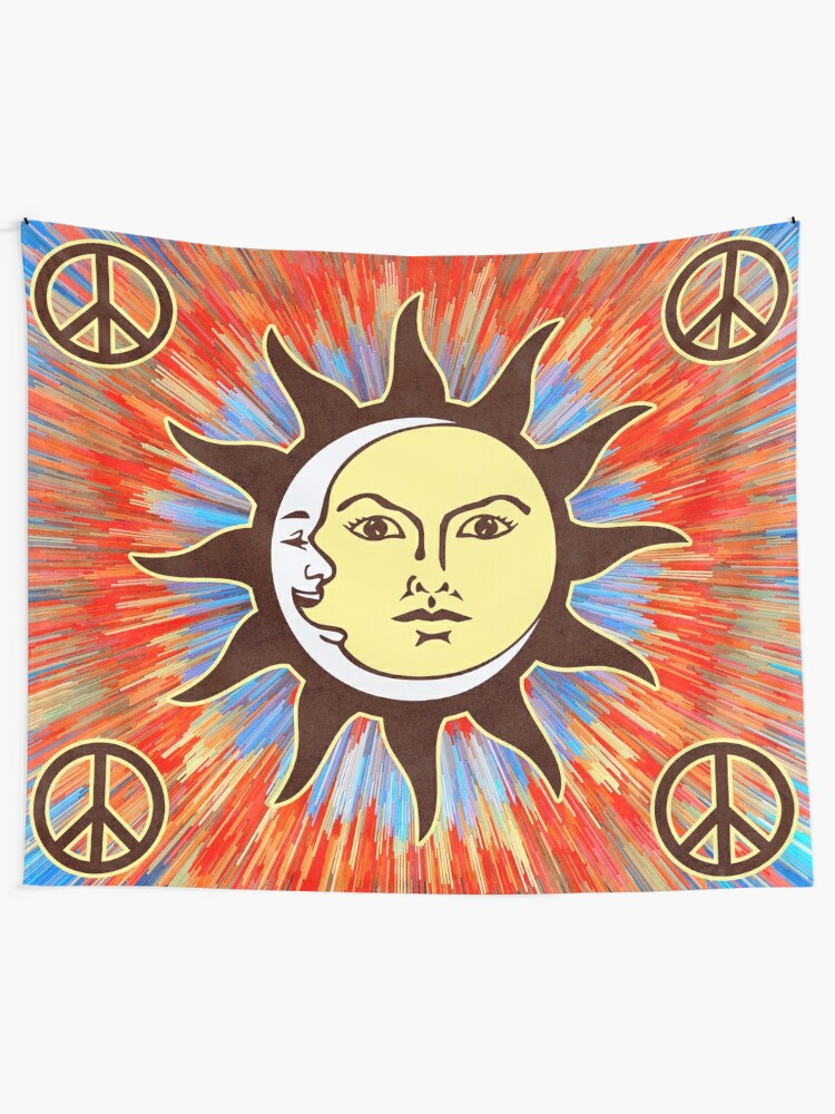 Alternate view of Psychedelic Sun & Moon / Peace Sign Bohemian Hippie Festival  Tapestry