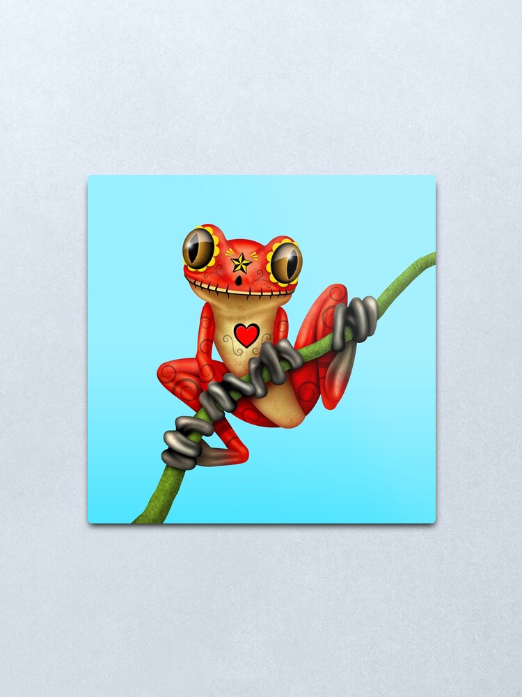 Alternate view of Red Day of the Dead Sugar Skull Tree Frog Metal Print