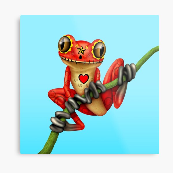 Red Day of the Dead Sugar Skull Tree Frog Metal Print