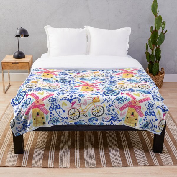 Netherlands Whimsy - Delft, Bicycles & Ornamental Windmills Throw Blanket