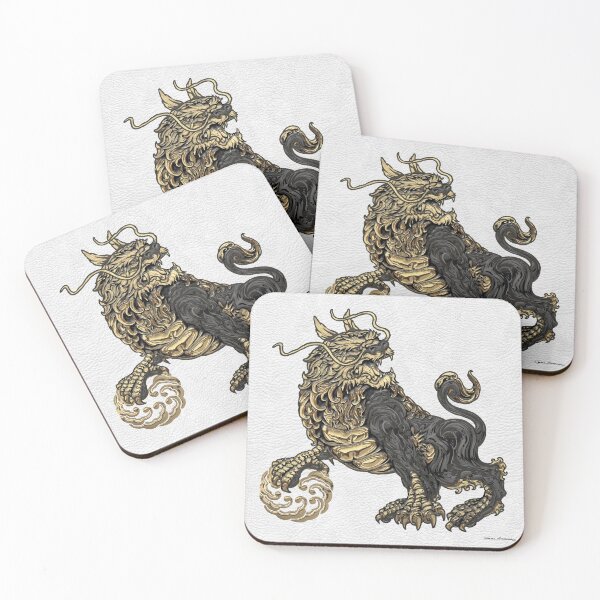 Item preview, Black and Gold Japanese Guardian Lion-Dog Komainu over White Leather   designed and sold by Serge Averbukh Art Studio.
