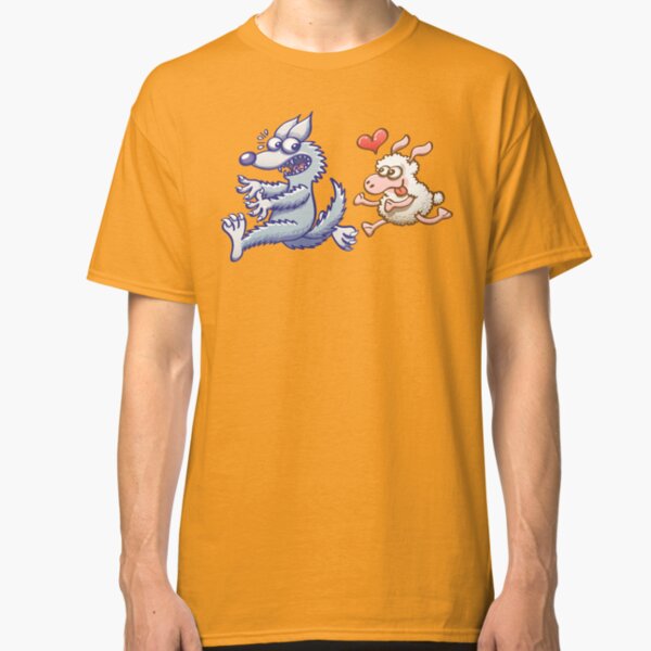 Funny sheep in love running after a terrified wolf Classic T-Shirt