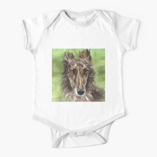 Painting Of A Gorgeous Silken Windhound Brindle Coat Brown Red White On Green Background Baby One Piece By Ibadishi Redbubble