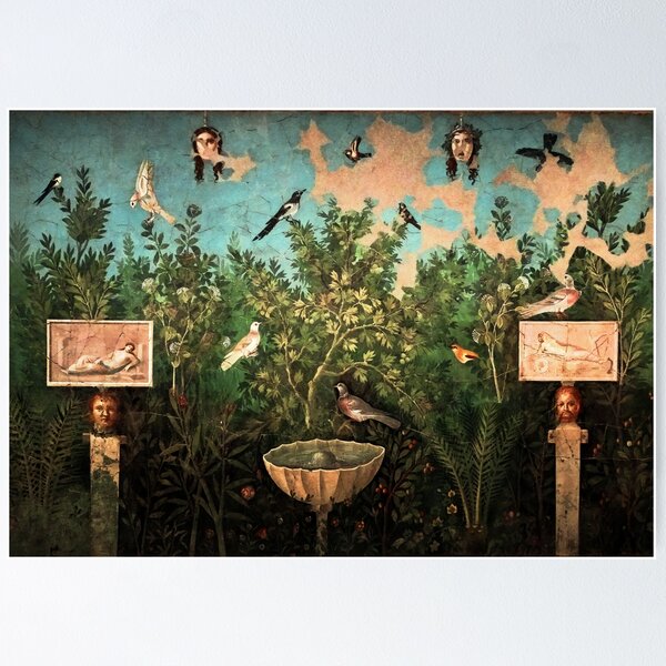 Item preview, POMPEII COLLECTION / FLYING BIRDS,DOVES,FOUNTAIN  IN GARDEN ,BLUE  GREEN FLORAL designed and sold by BulganLumini.