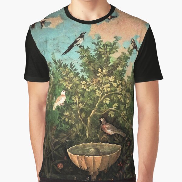 Aperçu de l'œuvre COLLECTION POMPÉI / OISEAUX VOLANTS, COLOMBES, FONTAINE DANS LE JARDIN, FLORAL BLEU VERT créée et vendue par BulganLumini.