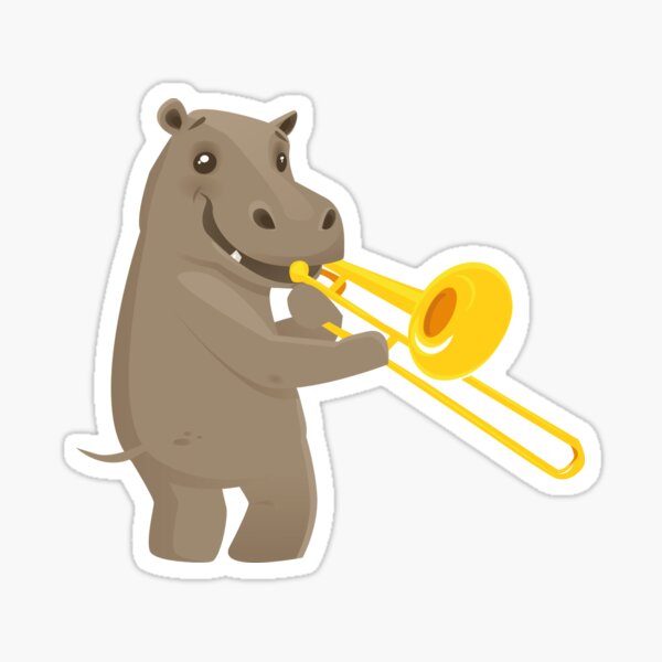 Funny hippo playing music with trombone Sticker