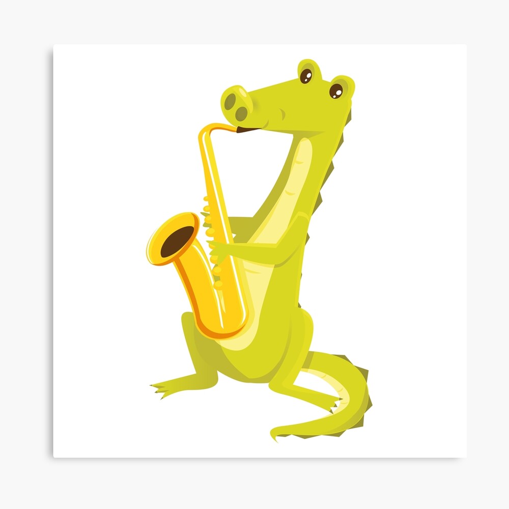 Cartoon crocodile playing music with saxophone