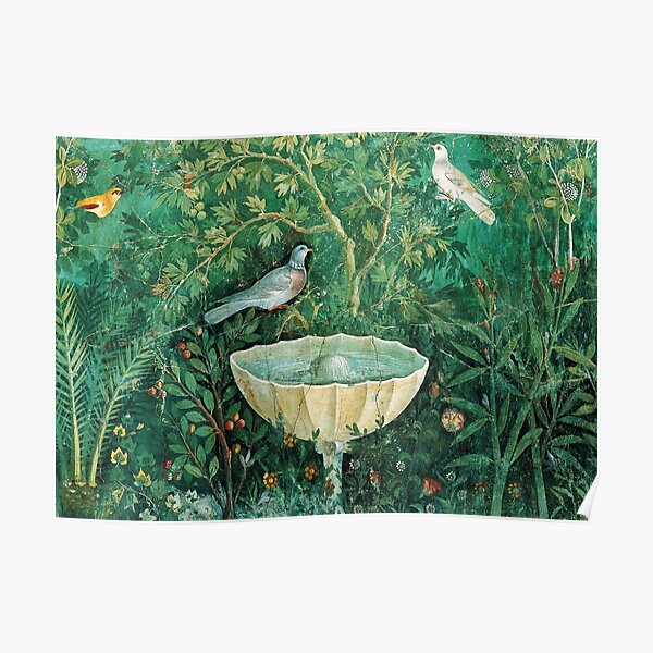 POMPEII COLLECTION,LITTLE BIRDS,DOVES AND FOUNTAIN IN GARDEN ,GREEN FLORAL Poster
