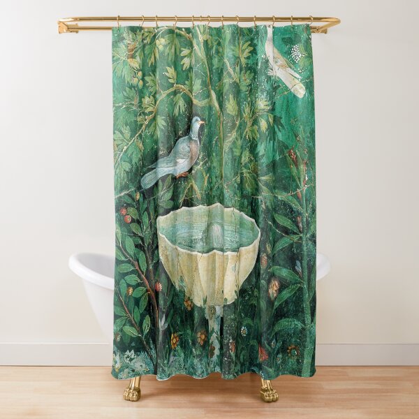 POMPEII COLLECTION,LITTLE BIRDS,DOVES AND FOUNTAIN IN GARDEN ,GREEN FLORAL Shower Curtain