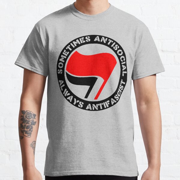 Vista previa del artículo con la obra «A veces antisocial, siempre antifascista: antifa, socialista, izquierdista», diseñado y vendido por SpaceDogLaika.