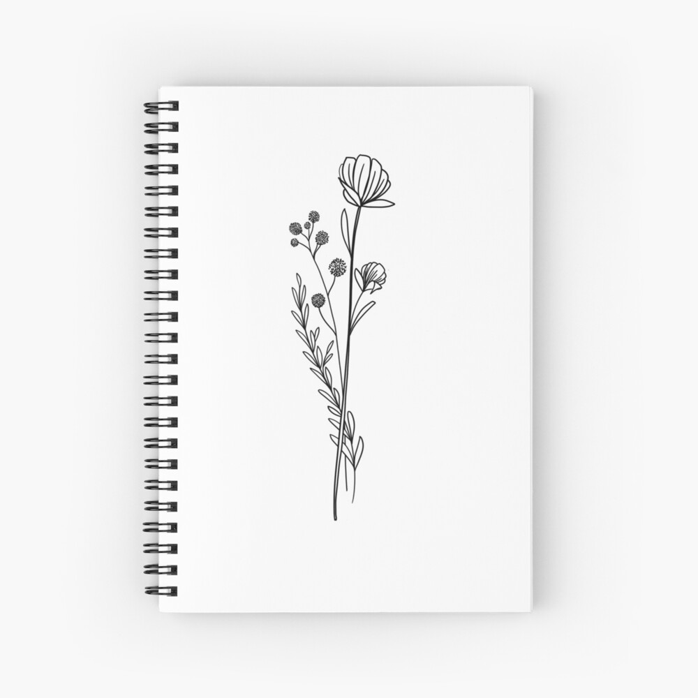 Simple Line Art Drawings of Flowers in Black and White | Spiral Notebook