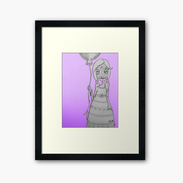 Whimsical Spooky Folk Art Girl - Sugar Skull with Balloon - Purple Glow Framed Art Print