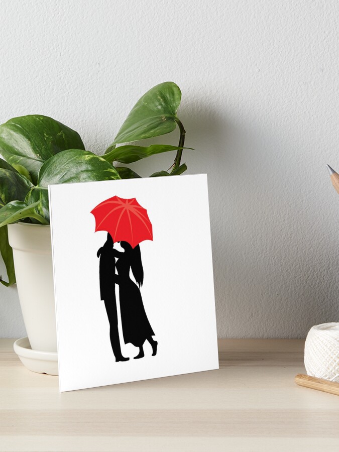 Couple Kissing Under Red Umbrella Painting Romantic Wall Art for