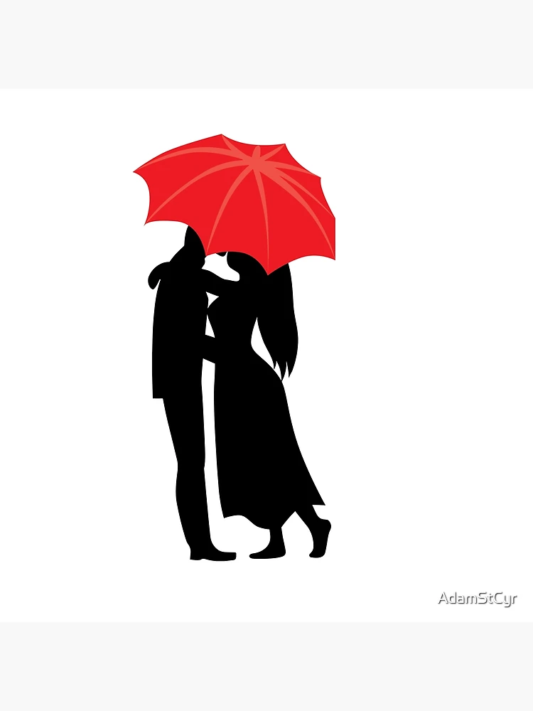 Portrait de couple s'embrassant plein de diamants, parapluie rouge