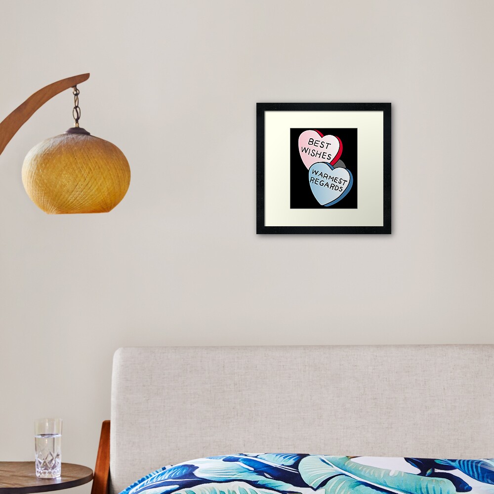 Best Wishes, Warmest Regards on candy. David Rose and Stevie banter awkwardly in Schitt's Creek at the Rosebud Moteel Framed Art Print