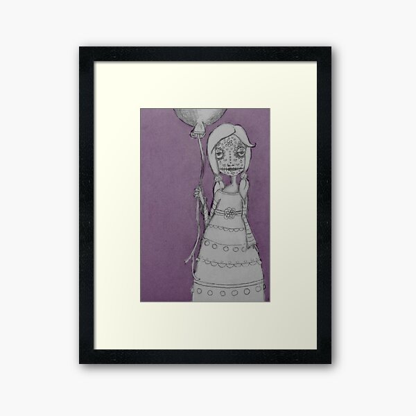 Whimsical Spooky Folk Art Girl - Sugar Skull with Balloon - Purple Haze Framed Art Print