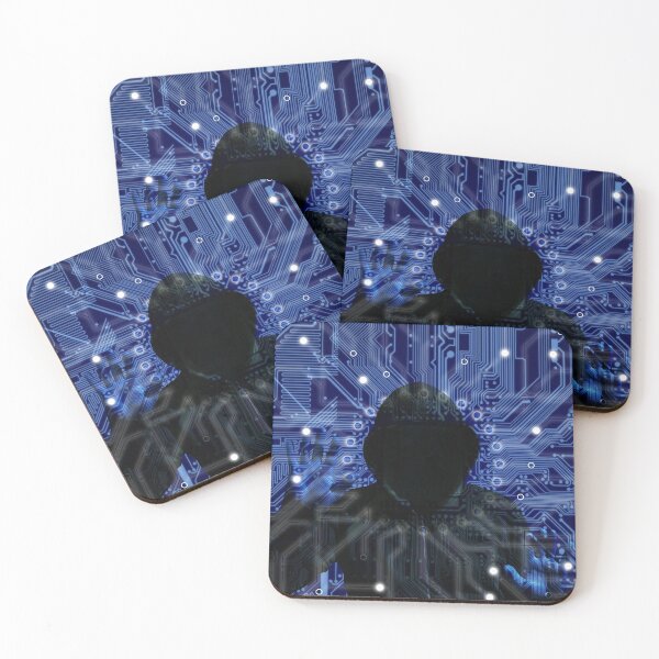 Item preview, Black hooded hacker on a blue circuit background  designed and sold by NerdySherds.