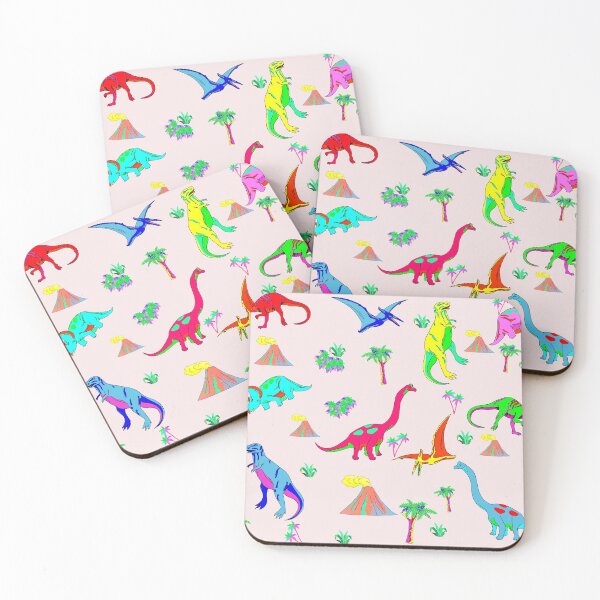 Item preview, Prehistoric landscape and volcano with dinosaurs on pink background Seamless dinosaurs pattern designed and sold by mashmosh.