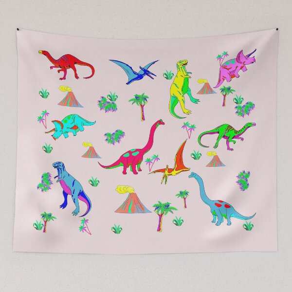 Item preview, Prehistoric landscape and volcano with dinosaurs on pink background Seamless dinosaurs pattern designed and sold by mashmosh.
