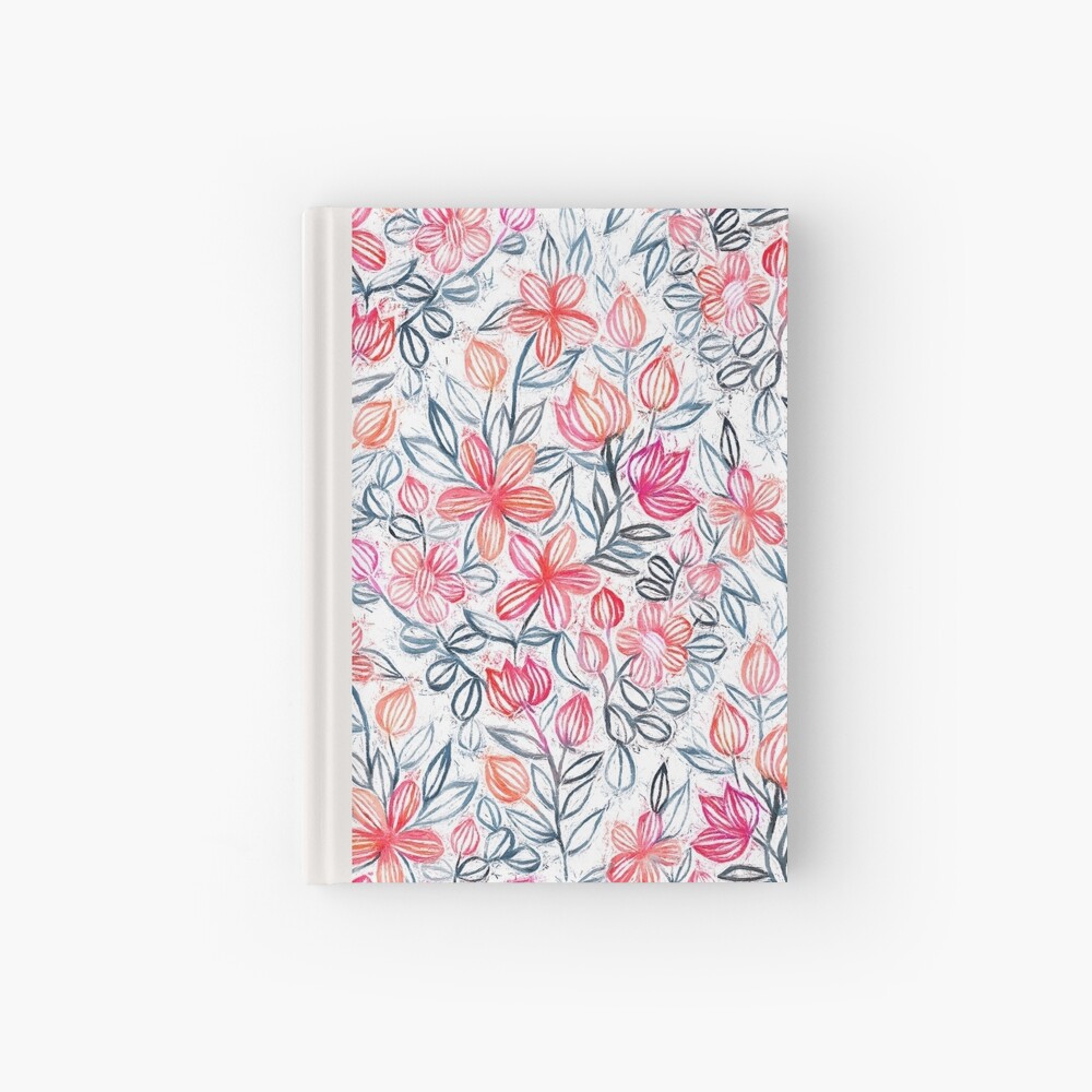 Coral and Grey Candy Striped Crayon Floral Hardcover Journal